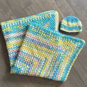 Multicolor Crochet Baby Blanket and Hat Set
